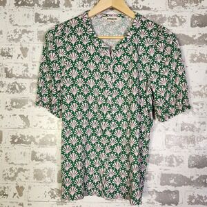 Boden Green Pink Fan Print Button Front Top Womens Size 10 Casual Sophistication